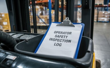 Safety training workplace routine Operator safety inspection log displayed on a forklift in a warehouse setting.