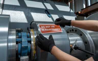 Safety training workplace routine Maintenance warning sign being applied on industrial machinery during inspection.