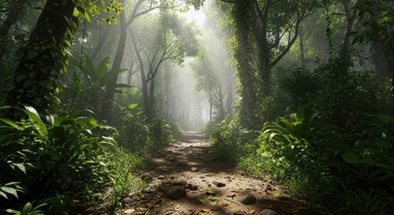 Obraz premium Sunlight Streaks Through a Lush Forest Path