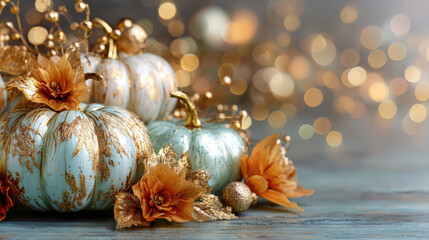 Elegant teal pumpkins with gold leaf details and orange flowers on rustic wooden surface, luxury autumn decoration with bokeh lights in soft focus and copy space for festive banner or holiday design. 