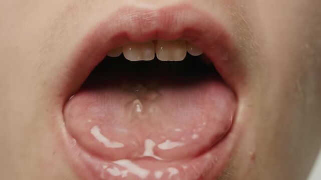 Extreme close-up macro video of a young person's healthy pink tongue, glistening with clear saliva and intricate papillae, subtly shifting against a soft grey bokeh, scientific observation