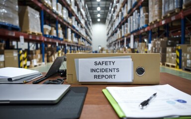 Safety training workplace routine Warehouse setting featuring a safety incidents report on a desk with stock shelves in the background.