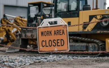 Safety training workplace routine Work area closed sign displayed on a chain near construction machinery.