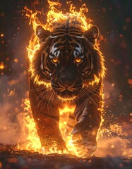 Fiery tiger in flames, intense gaze
