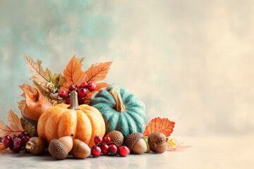 Banner, Warm autumn illustration featuring colorful gourds, nuts and leaves against a soft vintage backdrop. Ideal for holiday cards, food blogs, social media templates, website headers and festive ad