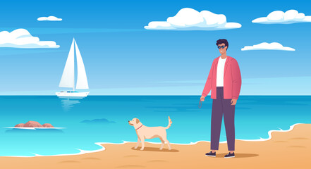 The young man walking on the beach with his dog