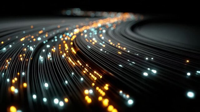 Abstract Dark Fiber Optic Cables with Orange and Blue Light Streaks