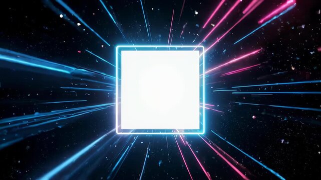 A glowing, illuminated square against a dark background with streaks of light and scattered particles