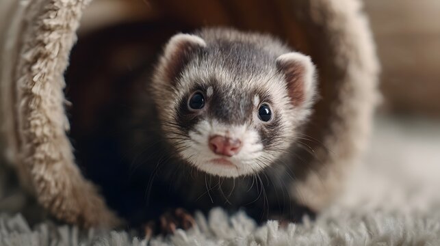 A curious ferret peeking out of a fuzzy tunnel on a soft rug looking directly at the
