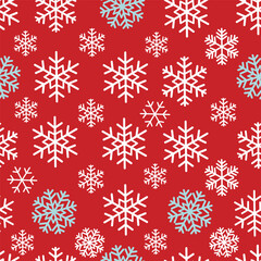 Seamless pattern with snowflakes, symmetrical snowflakes of different shapes and sizes, White and light blue snowflakes on a red background.