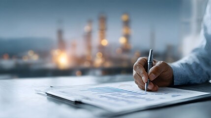 Business professional s hand analyzing growth charts industrial complex background