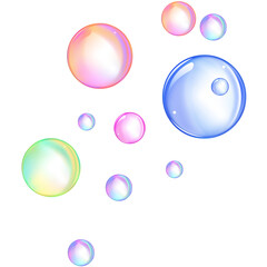 Colorful iridescent bubbles with glossy rainbow reflections and soft light glow.