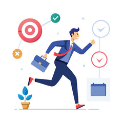 Concept of success steps to achieve business goals, challenge concept, cheerful businessman carrying darts on ladder to achieve bullseye dartboard. developing a journey or aiming to achieve a goal.