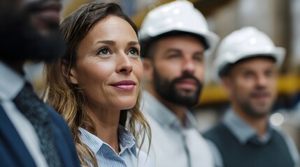 A diverse team of professionals collaborating in an industrial warehouse setting looking towards the future