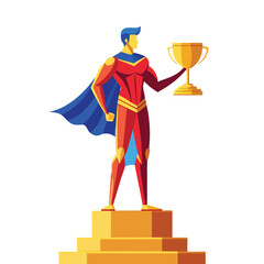 Vector illustration in flat style of a man in a business suit with a winner's cup in his hand, standing on a golden pedestal in the rays of glory. Isolated on background