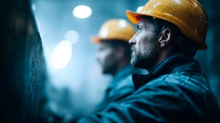 Fototapeta premium Two industrial workers in hard hats looking intently in a dark atmospheric factory