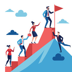 Vector illustration of a group of diverse people climbing up to the top of a mountain, following a leader with a flag in his hand. white background
