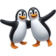 Fototapeta premium Two happy cartoon penguins dancing joyfully together with arms spread wide isolated on transparent background
