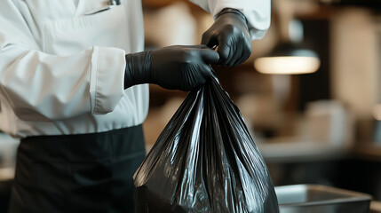 Chef prepping trash in kitchen: gloved hands tie a black bag in a restaurant setting. Hygiene and waste management are crucial in food service.