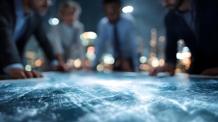 Business professionals strategizing future growth over a glowing digital city map in a modern boardroom