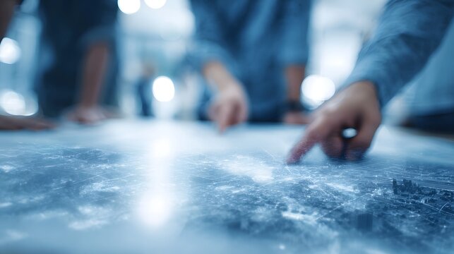 Business professionals pointing at a glowing digital city map discussing future strategy and urban development - Powered by Adobe