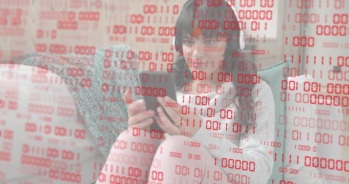 Woman tapping and scrolling on sofa pausing with animated technology audio waves guiding relaxation
