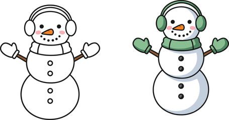 Flat vector illustration of two cartoon snowmen with earmuffs, scarves, mittens, coal faces, carrot noses, winter festive holiday theme