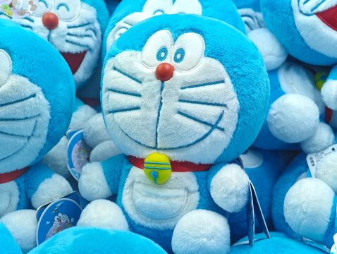Shanghai,China-Sep.14th 2025: pile of doraemon plush toy