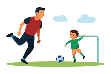 Father and Son Playing Soccer Penalty Kick Vector Illustration