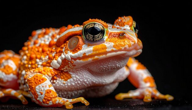 Close-up of a vibrant orange and white frog against a black background.