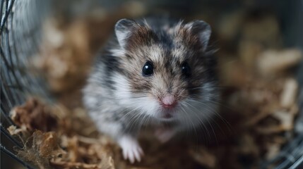 Obraz premium A close up portrait of a small patterned hamster with dark eyes sitting in its bedding inside a cage looking intently forward