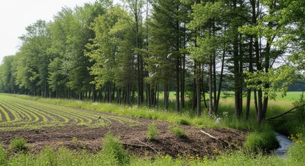 Medium shot showing buffer zones of dense tree planting around farmland highlighting soil conservation and biodiversity enhancement.