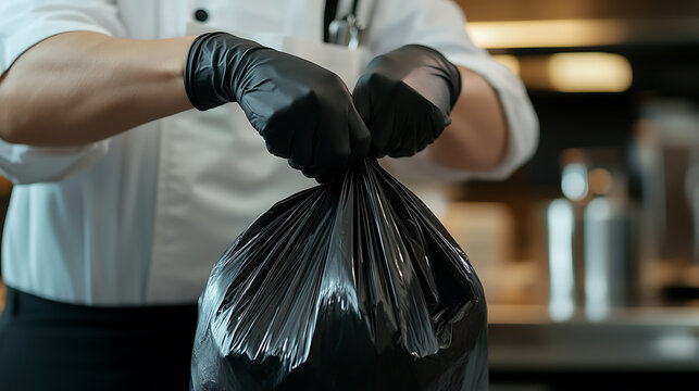 Chef tying off a black trash bag, wearing protective gloves. Preparing for clean-up in a restaurant kitchen, demonstrating waste management practices.