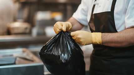Restaurant worker secures a black garbage bag with yellow gloves, preparing for disposal after a busy shift in the kitchen.