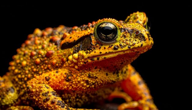 Close-up of a Vibrant Orange and Yellow Toad with Textured Skin.