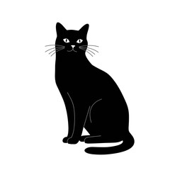 A sleek, black cat sits upright, gazing forward with a calm and composed expression, against a clean white background.