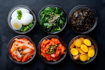 Korean side dishes in glass bowls on black background featuring kimchi, seaweed, marinated eggs, spinach with sesame seeds and pickled radish for traditional cuisine.