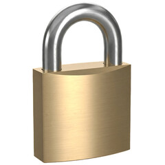 Fototapeta premium Brass padlock with silver shackle polished rectangular body isolated on transparent background