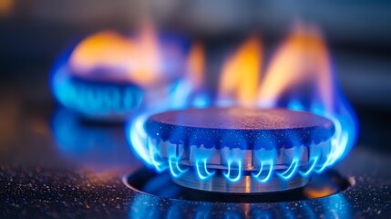 Blue gas flame burning on kitchen stove burner with orange and yellow fire tips, close up view showing circular pattern of natural gas combustion.