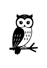 Obraz premium A simple black and white graphic illustration of a cute cartoon owl perched on a branch.