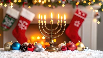 Festive Hanukkah Menorah with Candles Surrounded by Christmas Decor
