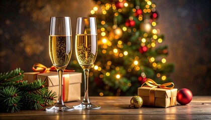 Festive Celebration with Champagne Glasses and Christmas Tree Background