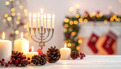 Cozy Holiday Scene with Candles, Menorah, and Christmas Decor