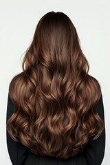 Fototapeta premium Back view of long wavy brown hair styled with soft curls showing professional salon result, woman wearing black top against light background.