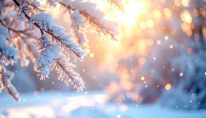 Beautiful Frosted Tree Branches with Sparkling Snow and Sunlight