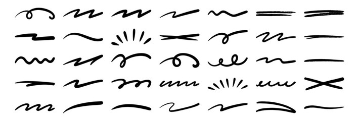 Abstract black marker and brush strokes set, hand drawn underline and scribble texture elements, grunge graffiti art lines and curves for modern graphic design on transparent background.