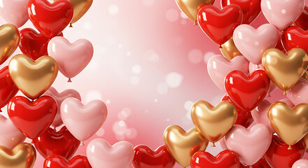 Heart-shaped balloons frame, red, pink and gold colors, romantic celebration background with copy space