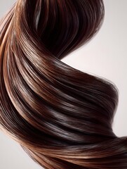 Fototapeta premium Flowing brown hair with highlights creating smooth waves and curves against light background, showcasing healthy shine and professional hair coloring technique.