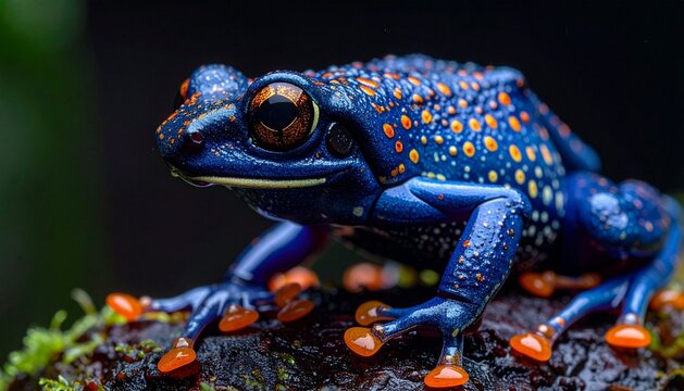 Vibrant Blue Frog with Orange Spots Perched on Mossy Surface.