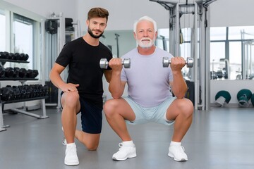 Senior Man Lifting Weights with Trainer in Gym